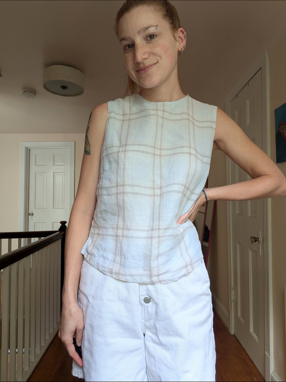90s Light Blue and White Plaid Linen Sleeveless Shirt